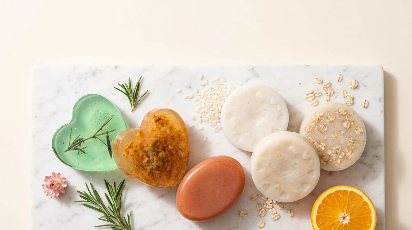 Jabones artesanales de Mari sobre una tabla de mármol, rodeados de romero, arroz, avena y naranja