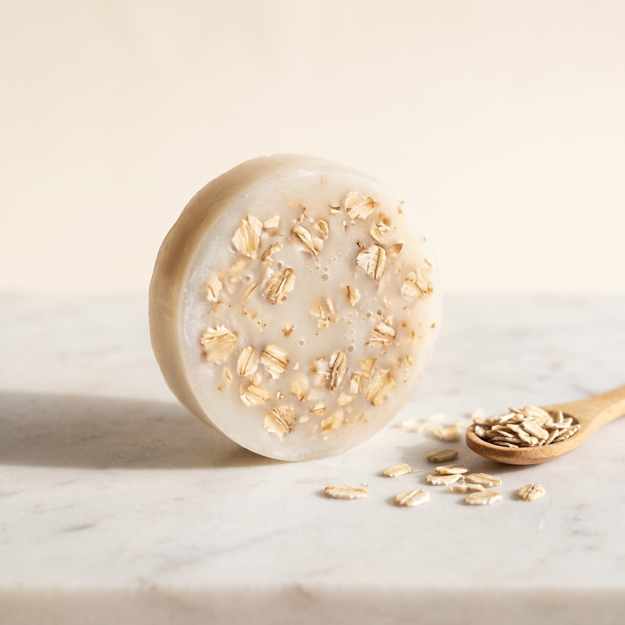 Jabón artesanal de avena, pastilla color crema con hojuelas de avena visibles en la superficie
