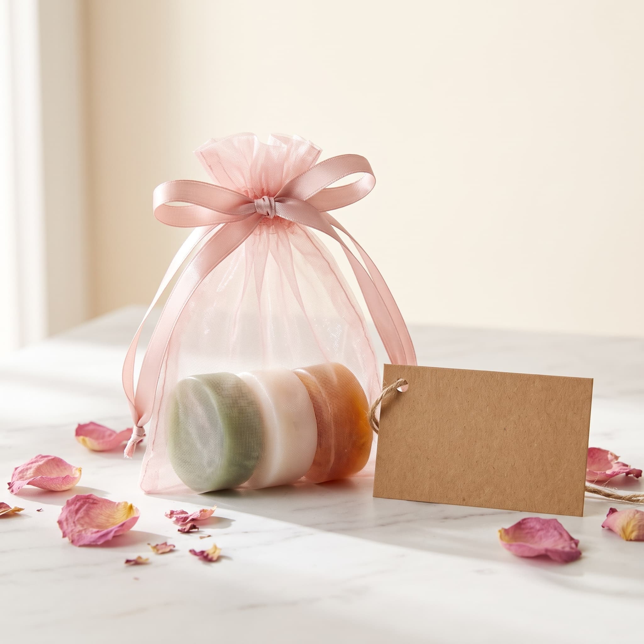 Set de regalo con tres jabones pequeños de colores dentro de una bolsa de organza rosa con cinta de satén y tarjeta de papel kraft