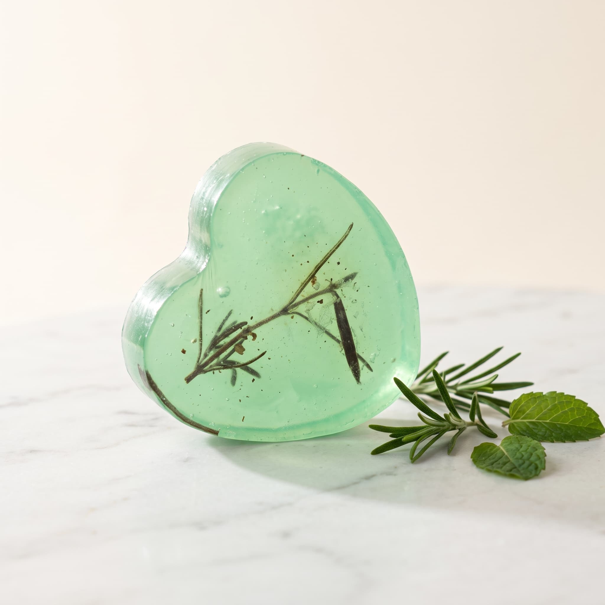 Jabón artesanal de menta y romero en forma de corazón, color verde jade translúcido con una ramita de romero incrustada