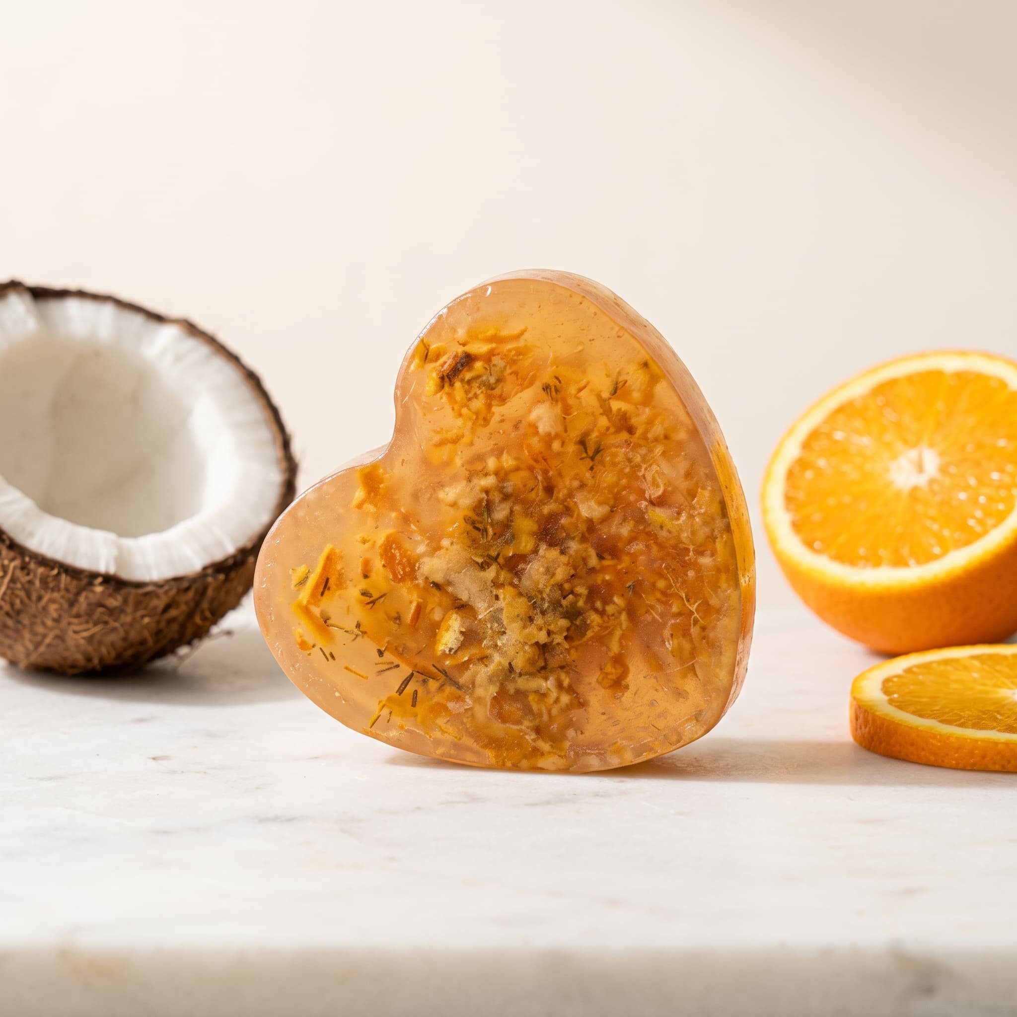 Jabón artesanal de naranja y aceite de coco en forma de corazón, color ámbar con trocitos de cáscara de naranja
